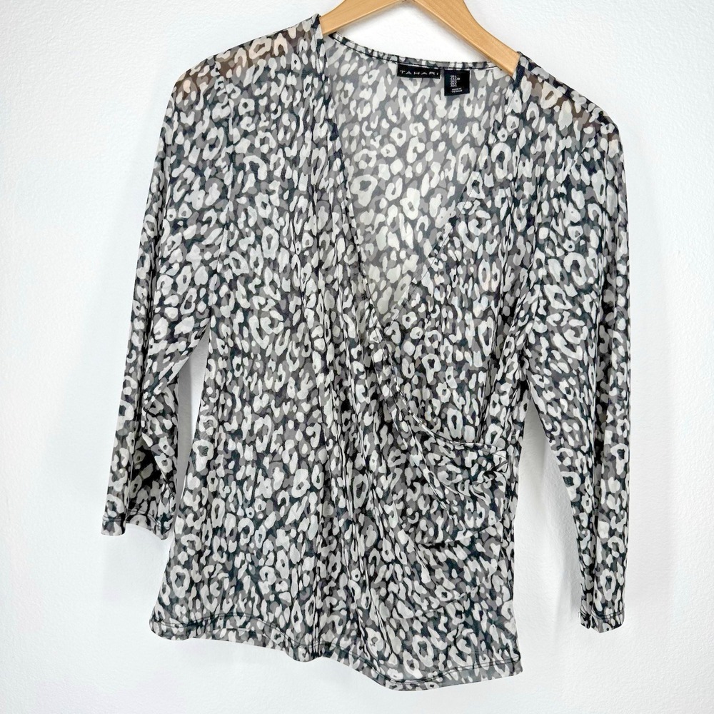 Y2K Vintage Mesh Top Womens Large Black Animal Print Ruched Wrap Boho Corpcore